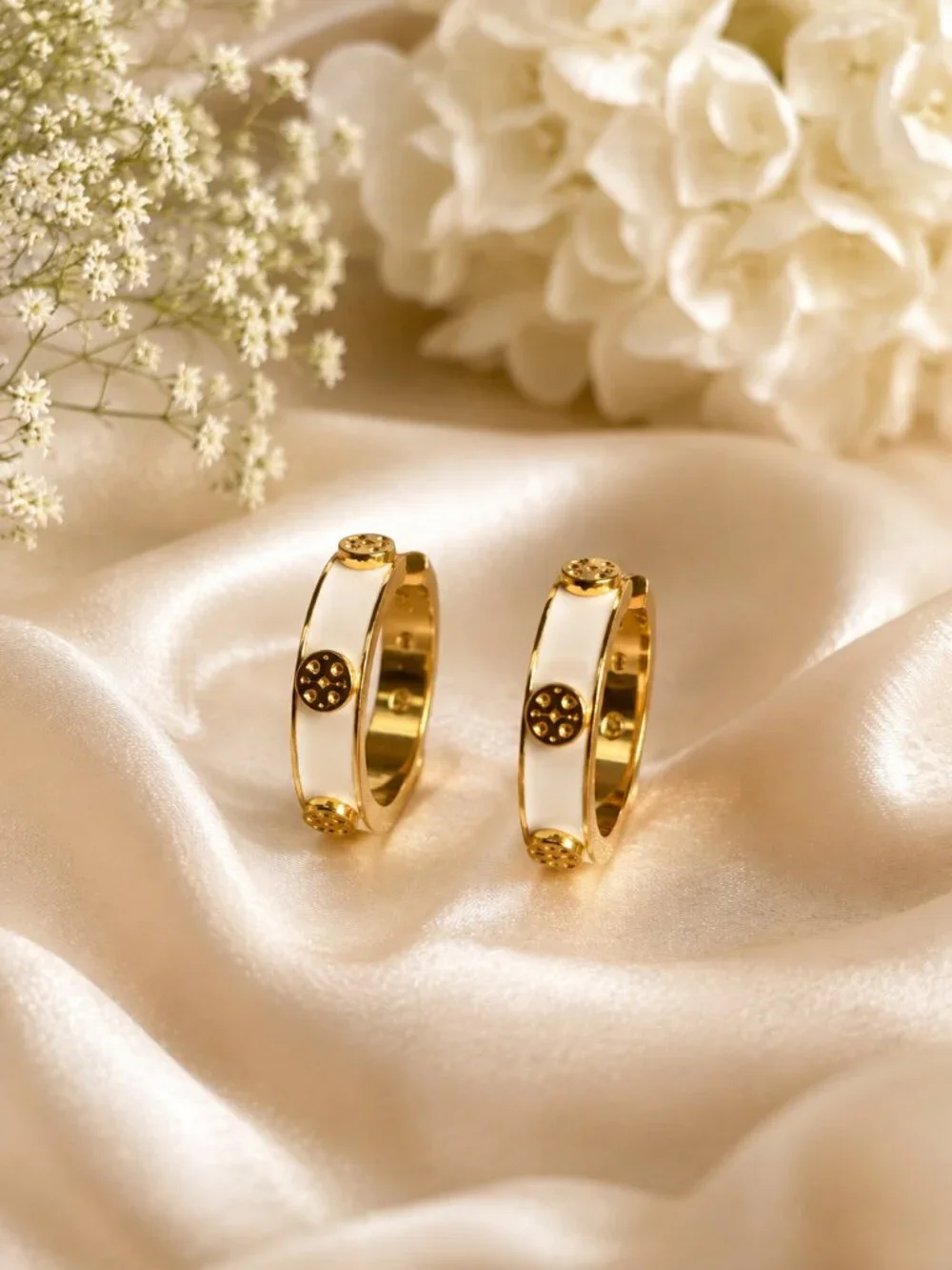 Tory Burch Gold Ivory Stud Hoop HUGGIE Earrings and Enamel Logo Cuff Bracelet